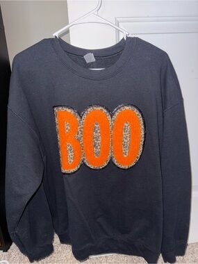 Gildan Black Crewneck Sweater with Orange 'BOO' Leopard Appliqué